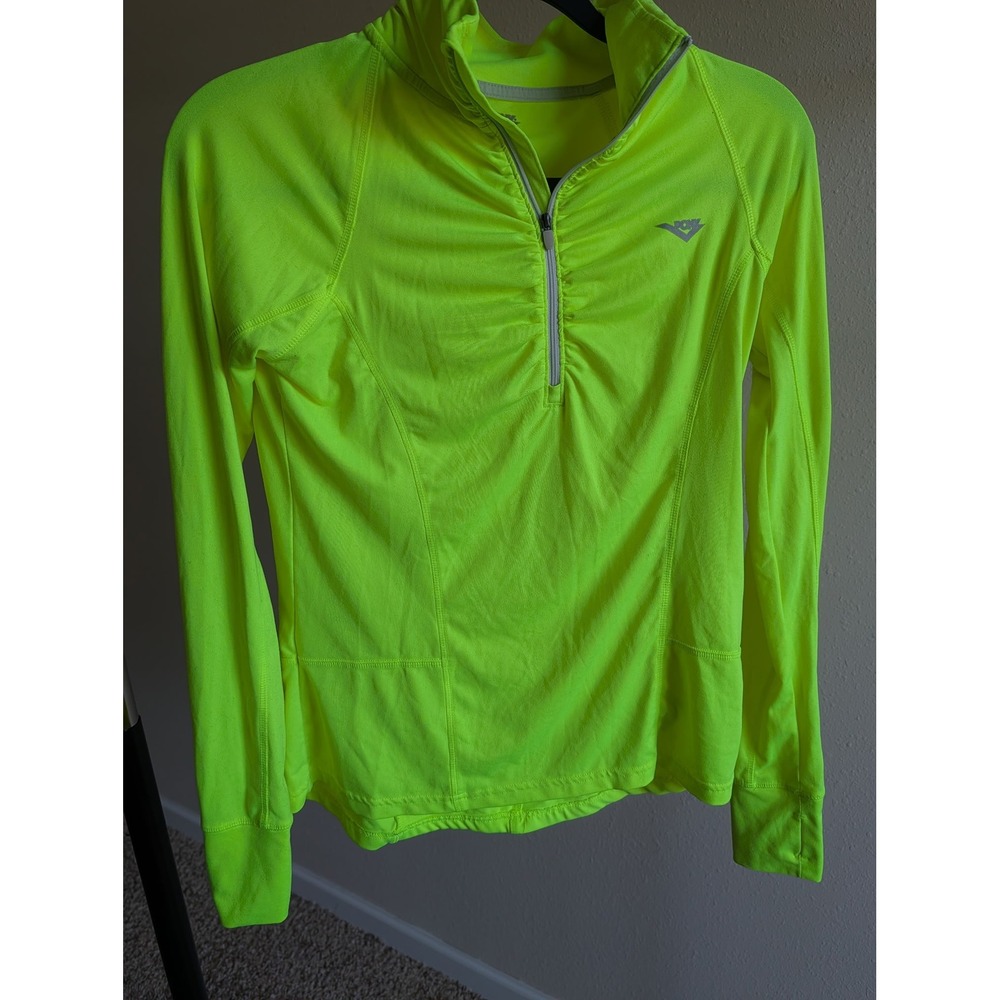 Pony Womens Neon Yellow Quarter Zip Running Top Long Sleeve Thumbholes Size S